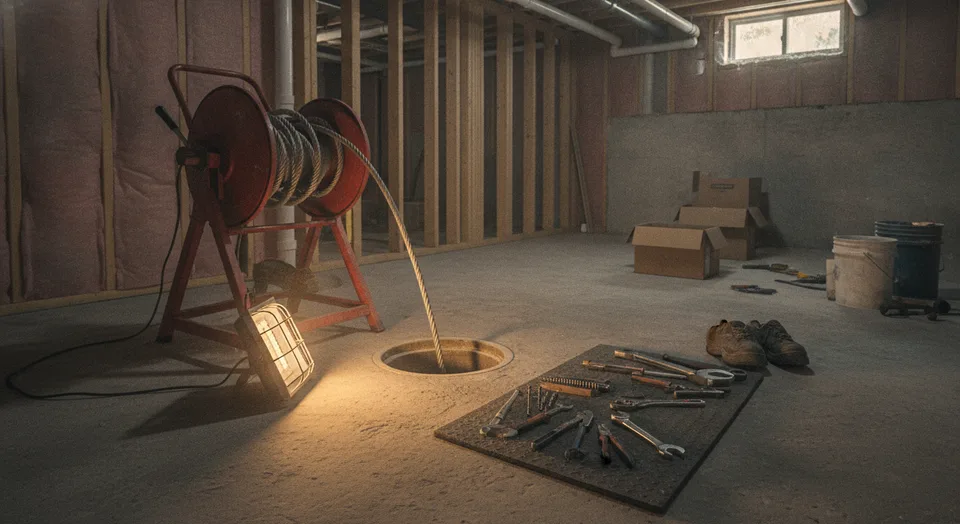 Drain technician feeding a cable into a basement cleanout in a Guelph home